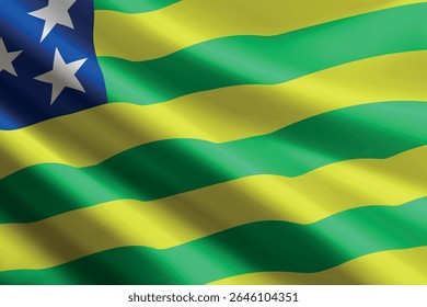 Bandeira de Goiás acenando ao vento, textura de seda detalhada e realista. Estado do Brasil