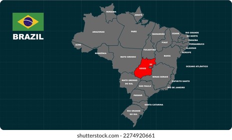 Goias Map, Goias red highlighted in 🇧🇷BRAZIL🇧🇷 map, flat design illustration vector