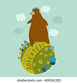"Going for an adventure" - cartoon illustration with cute bear traveler