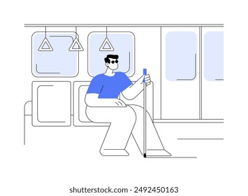 Yendo solo en la ciudad Ilustraciones vectoriales aisladas de dibujos animados. Hombre ciego con viajes de palos en un metro, personas con estilo de vida para discapacitados, ciudad accesible, entorno sin barreras Vector de dibujos animados.