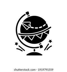 Going away party black glyph icon. Travel abroad. International tourism. Immigration to foreign country. Family vacation. Silhouette symbol on white space. Vector isolated illustration