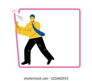 Going beyond limits. Businessman pushing to break boundary box. Flat vector illustration isolated on white background 
