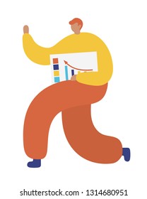 Going business man  holding/showing/displaying blank board/banner/poster. Flat style modern vector illustration.