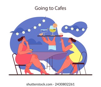Going to Cafes concept. Friends savoring drinks and conversations at a cafe. Evening socializing with refreshing cocktails. Relaxed urban vibe under festive lights. Flat vector illustration.