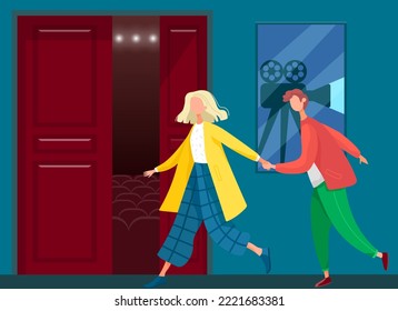 Going to cinema. Guy and girl going to watch film in cinema hall. Room with movie posters. Couple on date, girlfriend with boyfriend going inside hall with screen film watching entertainment