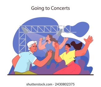 Concepto de ir a conciertos. Enérgicos amigos bailando y cantando en un evento de música en vivo. Ambiente festivo vibrante con un rendimiento dinámico. Ilustración vectorial plana.