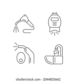 Going to dentist linear icons set. Moistening patient mouth. Teeth whitening machine. LED curing light. Customizable thin line contour symbols. Isolated vector outline illustrations. Editable stroke