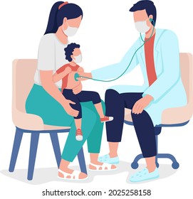 Going to doctor with kid semi flat color vector characters. Full body people on white. Checking child body with stethoscope isolated modern cartoon style illustration for graphic design and animation