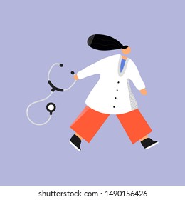 Going doctor with stethoscope hand drawn color illustration. Women in special clothes modern characters. Medical concept