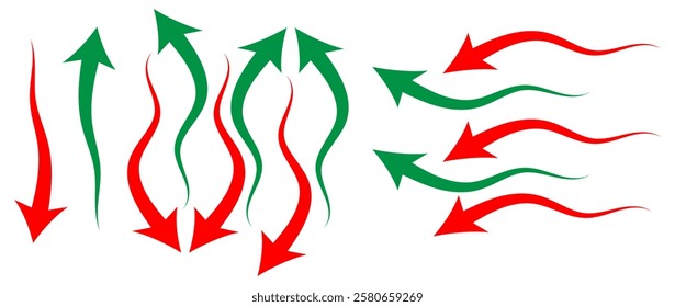 going Up and Down sign with green and red arrows vector. Flat design vector illustration concept of sales bar chart symbol icon with arrow moving down and sales bar chart with arrow moving up. eps10