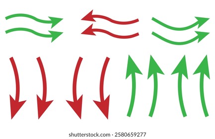 going Up and Down sign with green and red arrows vector. Flat design vector illustration concept of sales bar chart symbol icon with arrow moving down and sales bar chart with arrow moving up. eps10