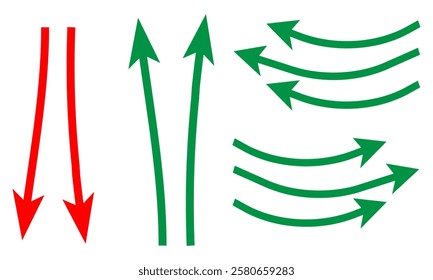 going Up and Down sign with green and red arrows vector. Flat design vector illustration concept of sales bar chart symbol icon with arrow moving down and sales bar chart with arrow moving up. eps10