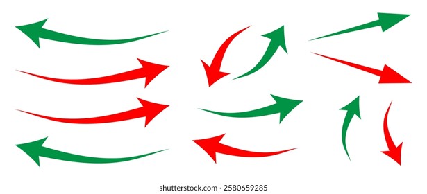 going Up and Down sign with green and red arrows vector. Flat design vector illustration concept of sales bar chart symbol icon with arrow moving down and sales bar chart with arrow moving up. eps10