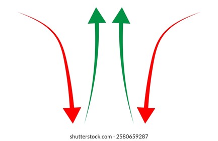 going Up and Down sign with green and red arrows vector. Flat design vector illustration concept of sales bar chart symbol icon with arrow moving down and sales bar chart with arrow moving up. eps10