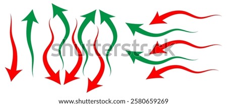 going Up and Down sign with green and red arrows vector. Flat design vector illustration concept of sales bar chart symbol icon with arrow moving down and sales bar chart with arrow moving up. eps10