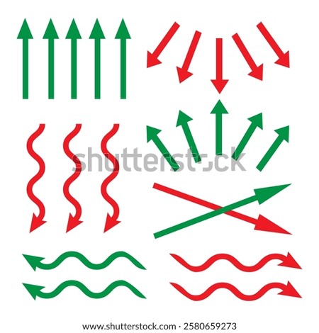 going Up and Down sign with green and red arrows vector. Flat design vector illustration concept of sales bar chart symbol icon with arrow moving down and sales bar chart with arrow moving up. eps10