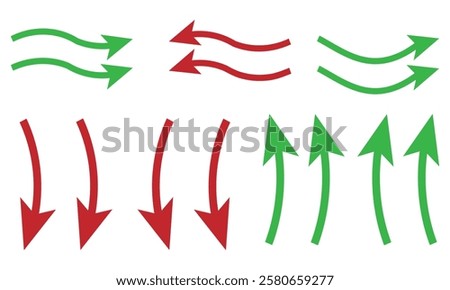 going Up and Down sign with green and red arrows vector. Flat design vector illustration concept of sales bar chart symbol icon with arrow moving down and sales bar chart with arrow moving up. eps10