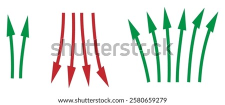 going Up and Down sign with green and red arrows vector. Flat design vector illustration concept of sales bar chart symbol icon with arrow moving down and sales bar chart with arrow moving up. eps10