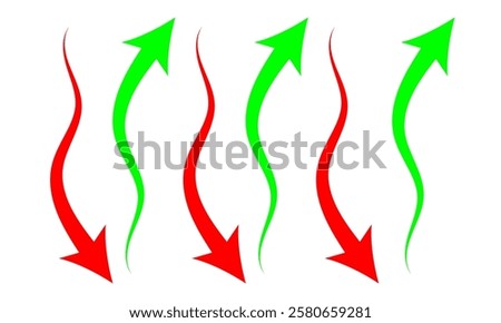 going Up and Down sign with green and red arrows vector. Flat design vector illustration concept of sales bar chart symbol icon with arrow moving down and sales bar chart with arrow moving up. eps10