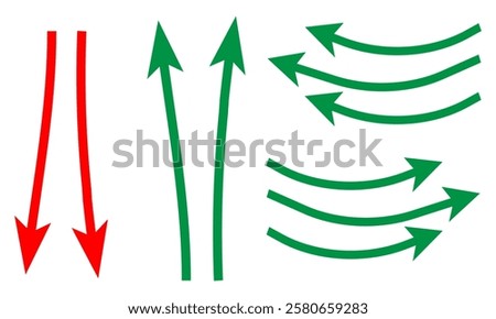 going Up and Down sign with green and red arrows vector. Flat design vector illustration concept of sales bar chart symbol icon with arrow moving down and sales bar chart with arrow moving up. eps10