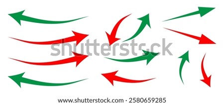 going Up and Down sign with green and red arrows vector. Flat design vector illustration concept of sales bar chart symbol icon with arrow moving down and sales bar chart with arrow moving up. eps10