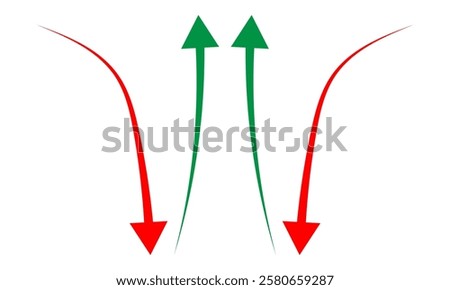 going Up and Down sign with green and red arrows vector. Flat design vector illustration concept of sales bar chart symbol icon with arrow moving down and sales bar chart with arrow moving up. eps10