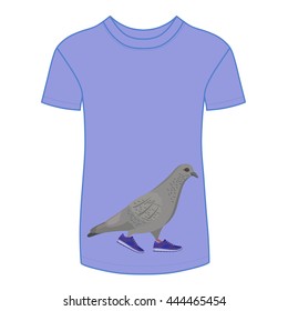 Going gray pigeon in blue sneakers t-shirt, vector illustration isolated on background