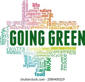 Ilustración vectorial de Going Green nube de palabras aislada en fondo blanco.