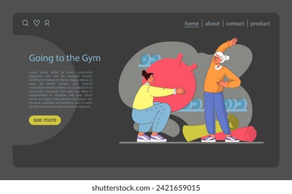 Going to the Gym concept. Companions motivate each other in fitness routines with gym equipment. Active lifestyle and wellness practice in a supportive environment. Flat vector illustration.