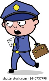 Going in Hurry with File and Briefcase - Retro Cop Policeman Vector Illustration