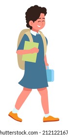 Going to lunch at school semi flat RGB color vector illustration. Happy female kid with backpack isolated cartoon character on white background