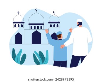 Going to the mosque with father to perform congregational prayers, muslim vector illustration.