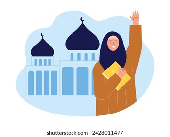 Going to the mosque to recite the Koran with a happy feeling, muslim vector illustration.