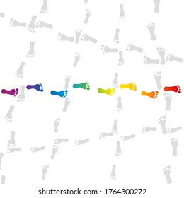 Going my way. Rainbow colored footmark among messy and chaotic tracks. Symbol for steadiness, individualism, originality, courage, diversity or being a happy outsider.
