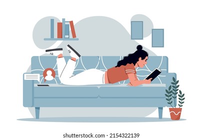 Going offline concept. Girl lying on couch with book in hand, leaving tablet with messages. Useful hobbies and rest from devices and devices. Love for literature. Cartoon flat vector illustration
