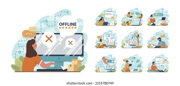 Going offline set. Troubles with internet connection and disconnected device. Digital detox idea. Flat vector illustration