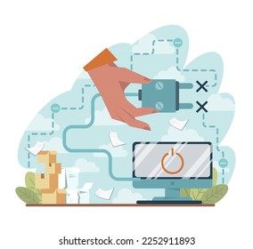 Going offline. Troubles with internet connection and disconnected device. Digital detox idea. Flat vector illustration