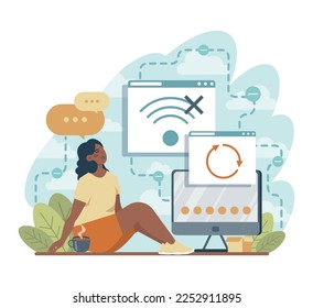 Geht offline. Probleme mit Internetanschluss und abgetrenntem Gerät. Digitale Detox-Idee. Flache Vektorgrafik