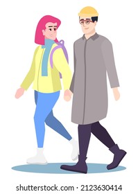 Going on date in cold weather semi flat RGB color vector illustration. Couple wearing winter clothing isolated cartoon characters on white background