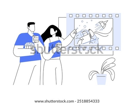 Going on a date isolated cartoon vector illustrations. University student couple on the date in cinema, watching movie together, holding popcorn in hands, romantic relationship vector cartoon.