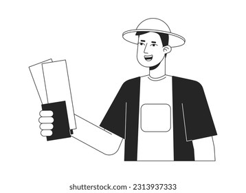 Going on holiday bw vector spot illustration. Happy traveler holding boarding pass with passport 2D cartoon flat line monochromatic character for web UI design. Editable isolated outline hero image
