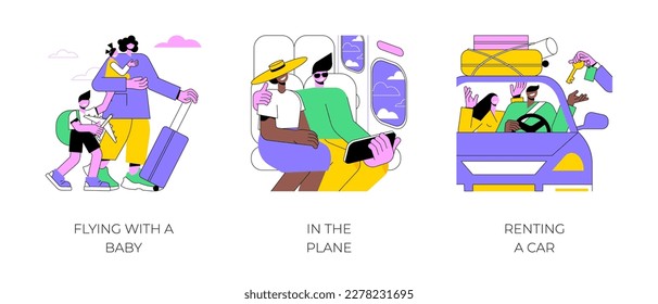 Going on holidays isolated cartoon vector illustrations set. Mom with baby waiting for departure, flying with kid, couple taking selfie in the plane, renting car in the airport vector cartoon.