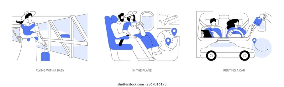 Going on holidays isolated cartoon vector illustrations set. Mom with baby waiting for departure, flying with kid, couple taking selfie in the plane, renting car in the airport vector cartoon.