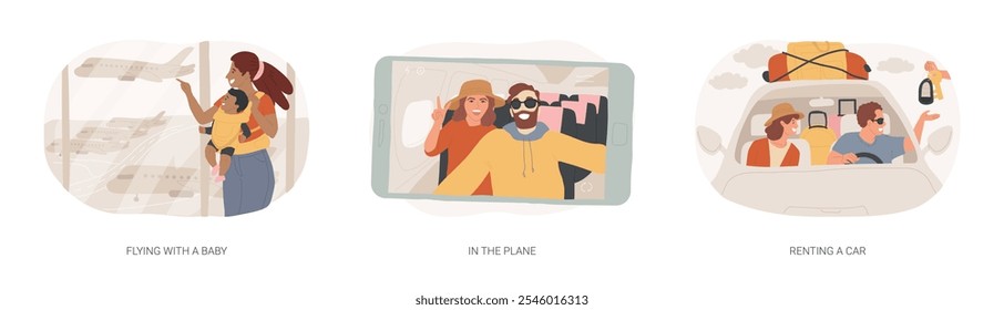 Indo em férias conjunto de ilustrações de vetor de desenhos animados isolados. Mamãe com bebê esperando a partida, voando com criança, casal tirando selfie no avião, alugando carro no aeroporto vetor cartoon.