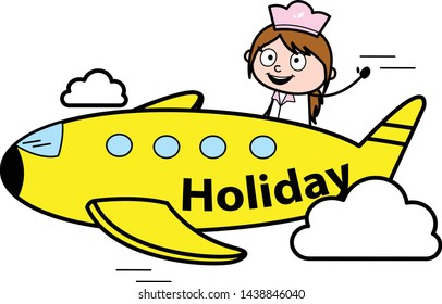 Going on Holidays in Plane - Retro Cartoon Waitress Female Chef Vector Illustration