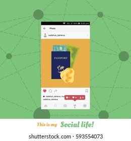 I'm going on a journey. Mobile applications for sharing photos. Social life in the network. Notification icons on the mobile app. Flat vector illustration EPS 10.