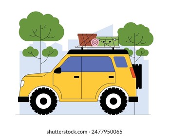 Ir en un viaje por carretera junto con el coche de la familia y el equipo de vacaciones, Ilustración vectorial.