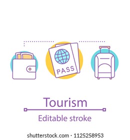Going on trip concept icon. Travel planning idea thin line illustration. Luggage packing. Money, passport, necessary things. Vector isolated outline drawing. Editable stroke