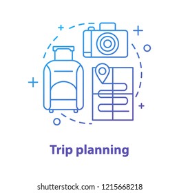 Going on trip concept icon. Travel planning idea thin line illustration. Baggage, photo camera, map. Vector isolated outline drawing