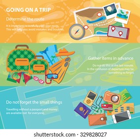Going on a trip. Travel flat design banner set with bag, passport, glasses, mask, shirt, compass, hat, bikini and other.
